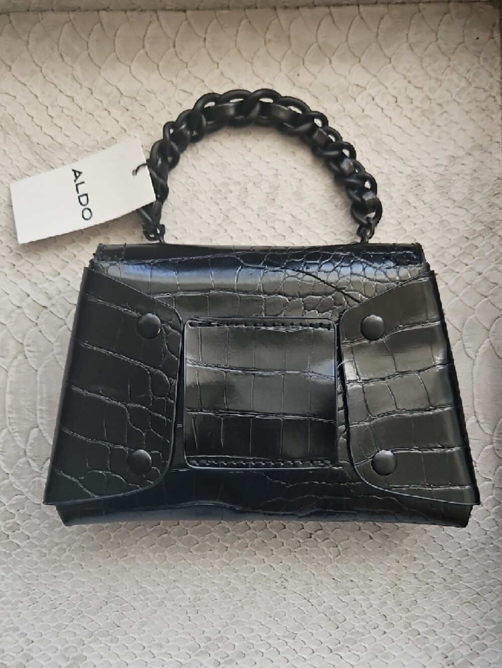 ALDO Black Croc-Embossed Mini Top-Handle Bag with Chunky Chain - Picture 2 of 4